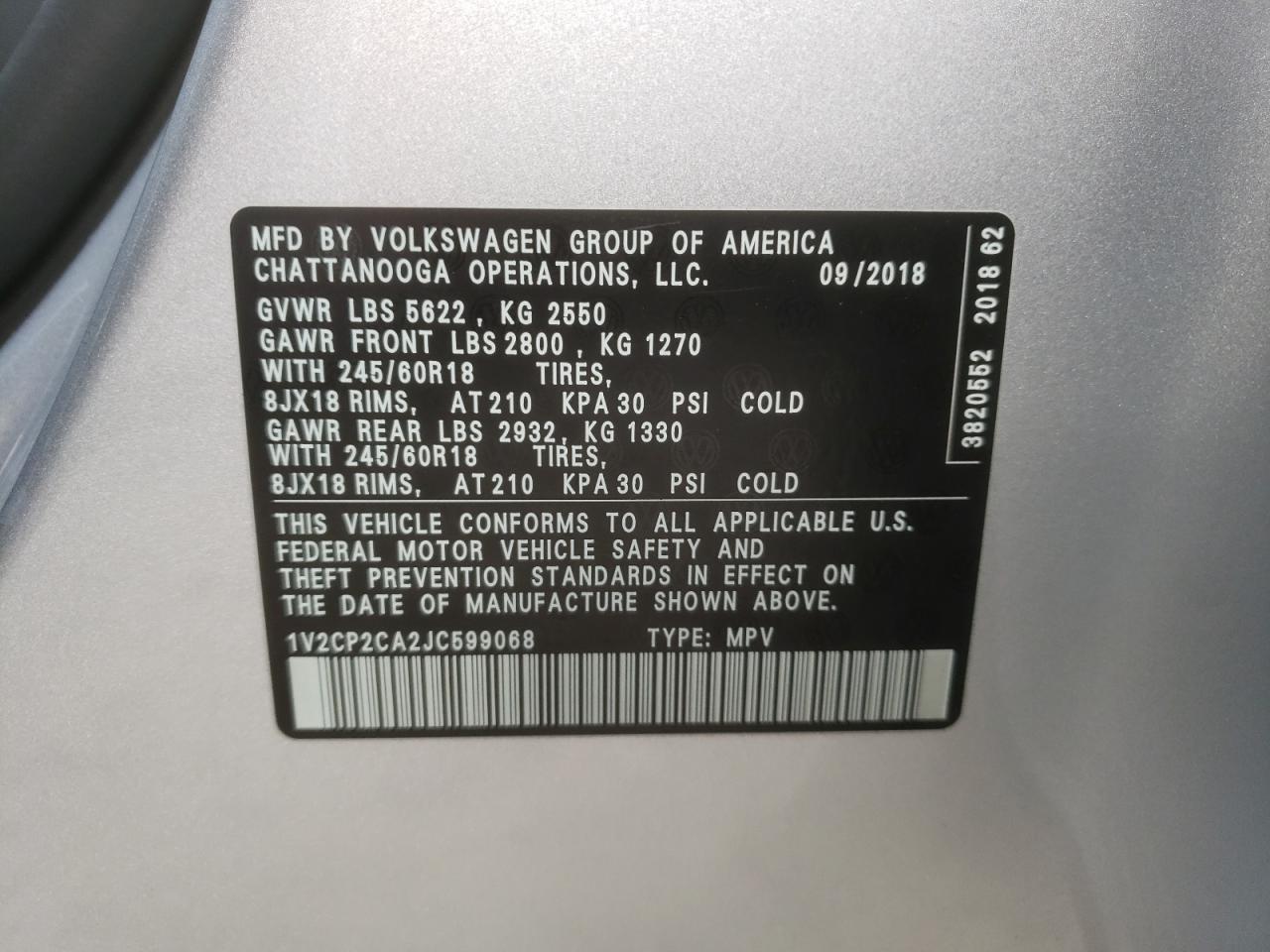 Photo 10 from auction – 2018 VOLKSWAGEN ATLAS SE with VIN 1V2CP2CA2JC599068