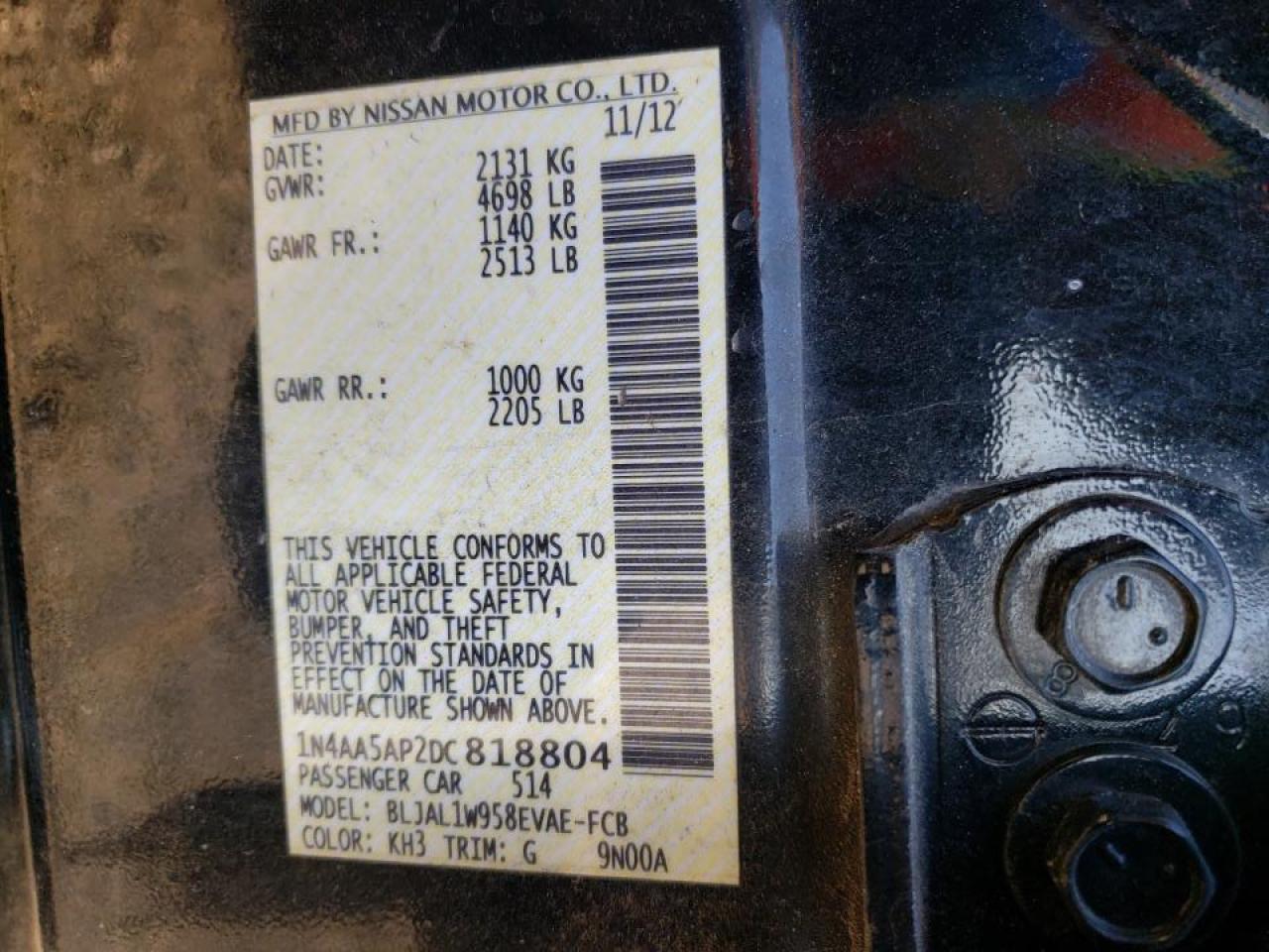 Photo 10 from auction – 2013 NISSAN MAXIMA S with VIN 1N4AA5AP2DC818804