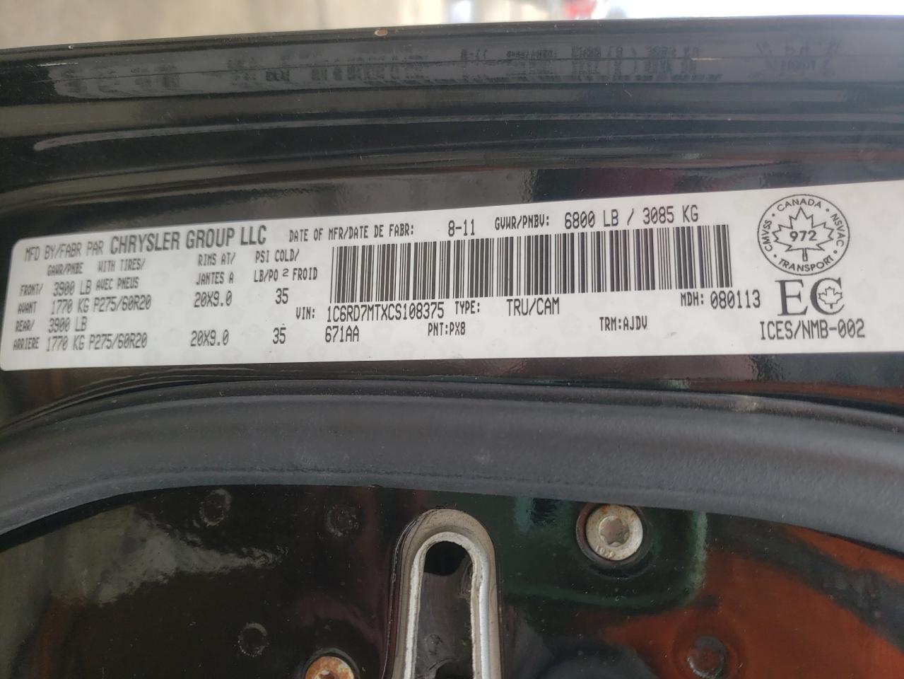 Photo 10 from auction – 2012 DODGE RAM 1500 S with VIN 1C6RD7MTXCS108375