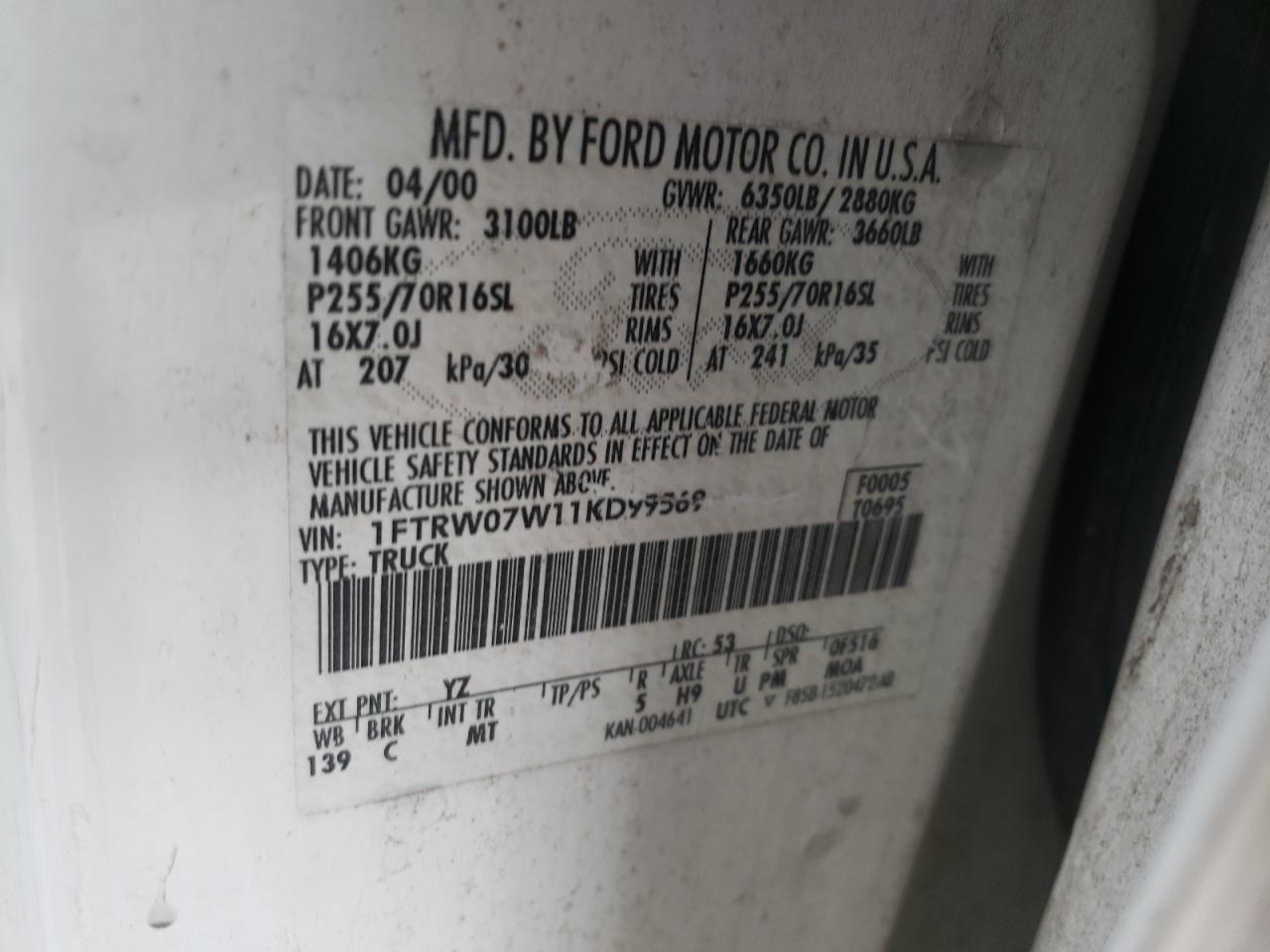 Photo 10 from auction – 2001 FORD F150 SUPER with VIN 1FTRW07W11KD99569