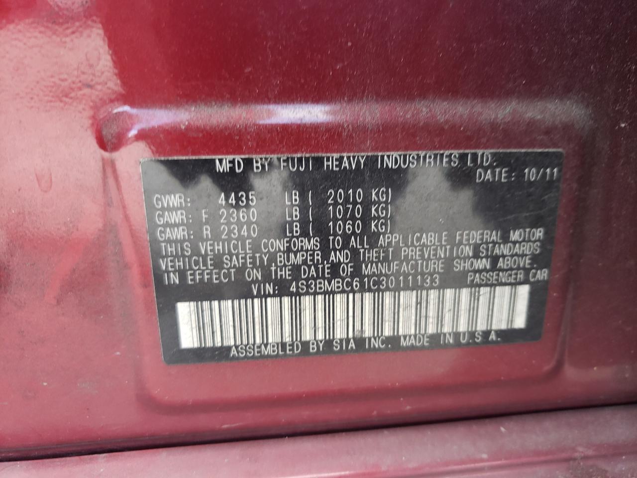 Foto 10 de la subasta – 2012 SUBARU LEGACY 2.5 con VIN 4S3BMBC61C3011133