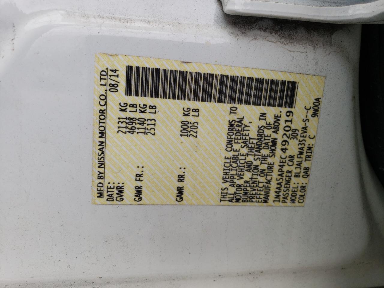 Photo 10 from auction – 2014 NISSAN MAXIMA S with VIN 1N4AA5AP4EC492019