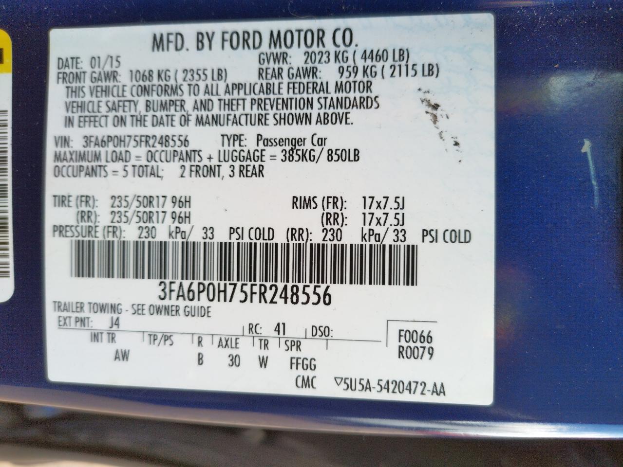 Photo 10 from auction – 2015 FORD FUSION SE with VIN 3FA6P0H75FR248556