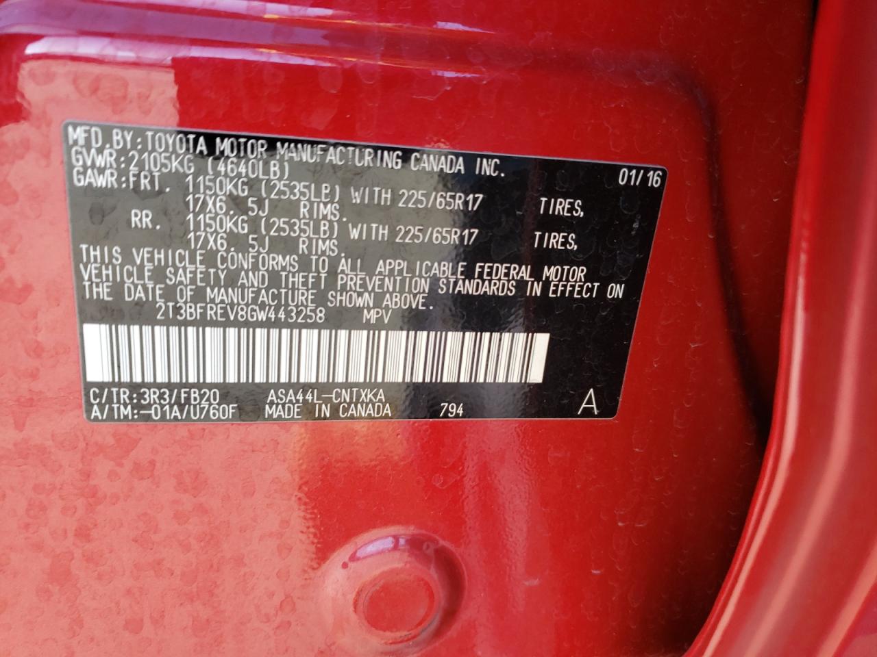 Photo 10 from auction – 2016 TOYOTA RAV4 LE with VIN 2T3BFREV8GW443258