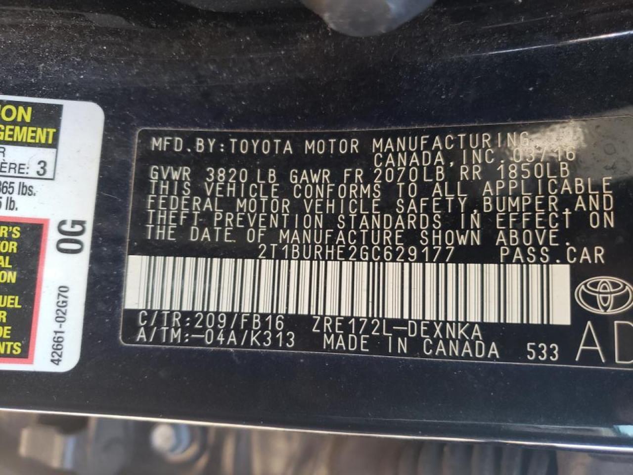 Photo 10 from auction – 2016 TOYOTA COROLLA L with VIN 2T1BURHE2GC629177