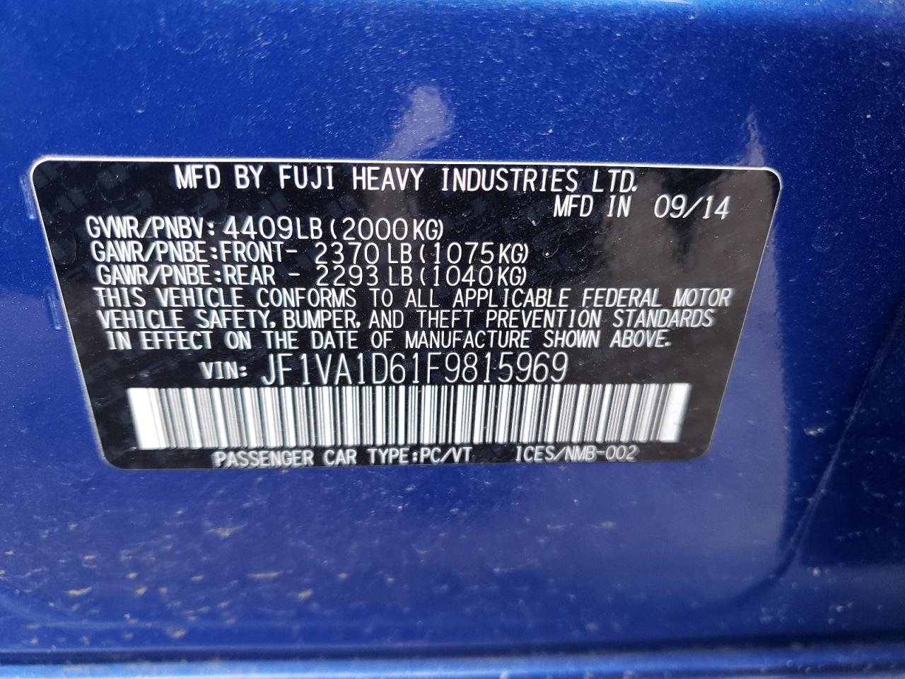 Photo 10 from auction – 2015 SUBARU WRX PREMIU with VIN JF1VA1D61F9815969