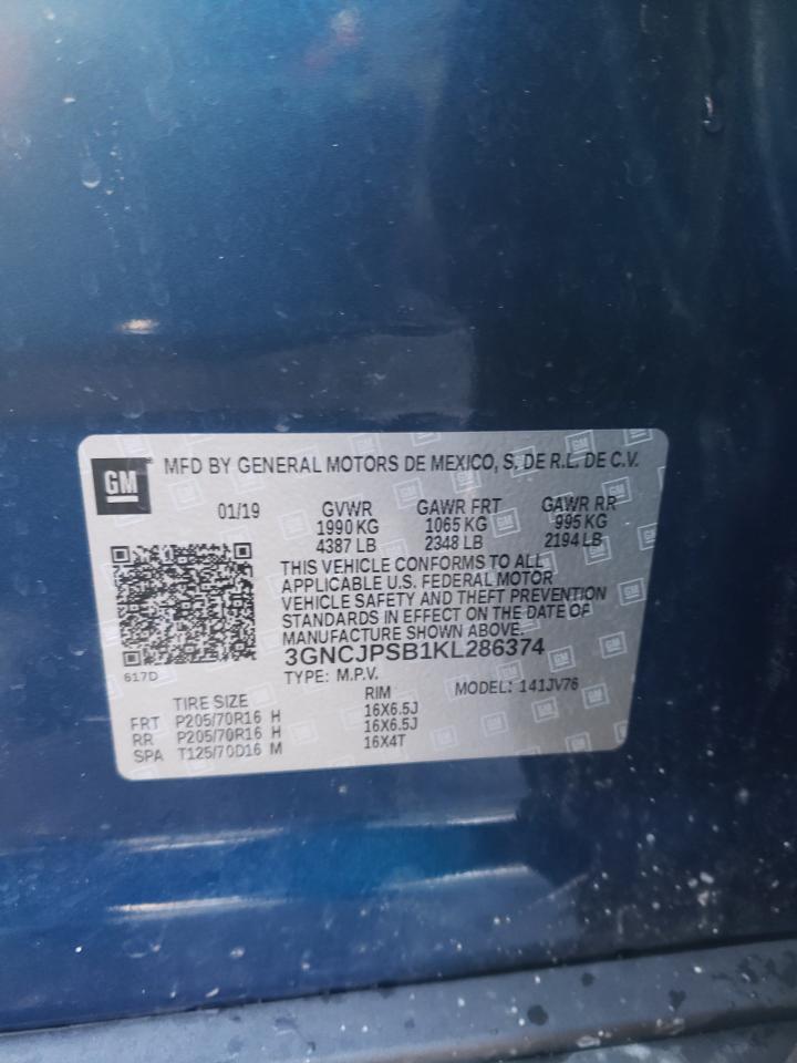 Photo 10 from auction – 2019 CHEVROLET TRAX 1LT with VIN 3GNCJPSB1KL286374