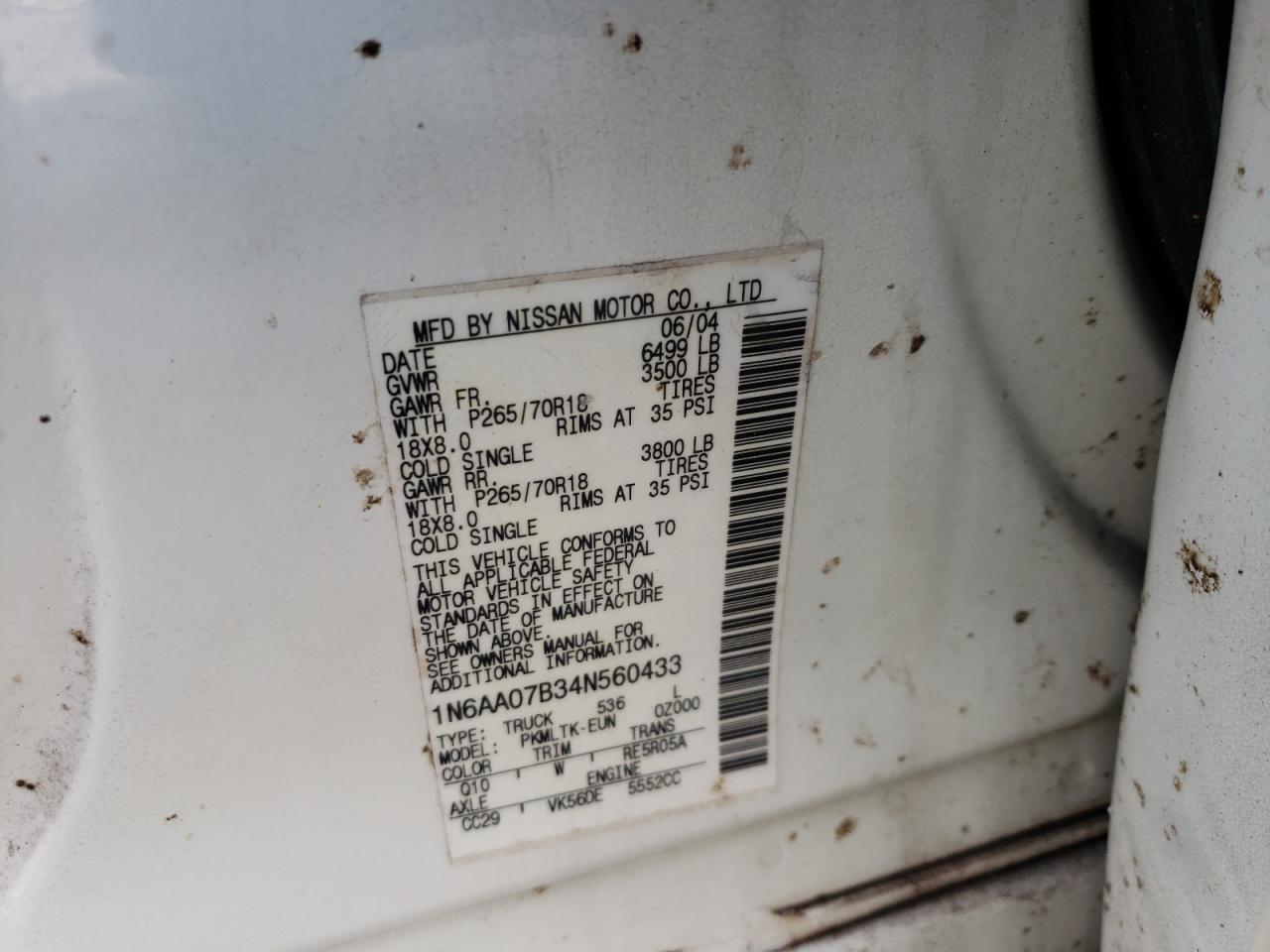 Photo 10 from auction – 2004 NISSAN TITAN XE with VIN 1N6AA07B34N560433