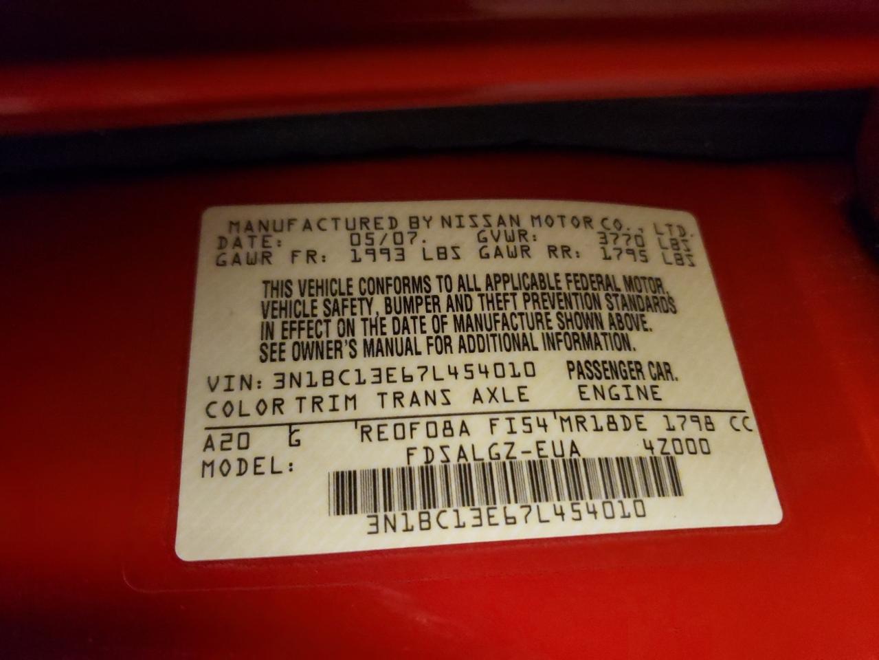 Photo 10 from auction – 2007 NISSAN VERSA S with VIN 3N1BC13E67L454010