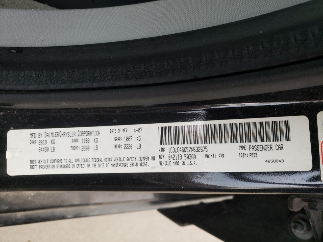 Photo 10 from auction – 2007 CHRYSLER SEBRING with VIN 1C3LC46K57N632675
