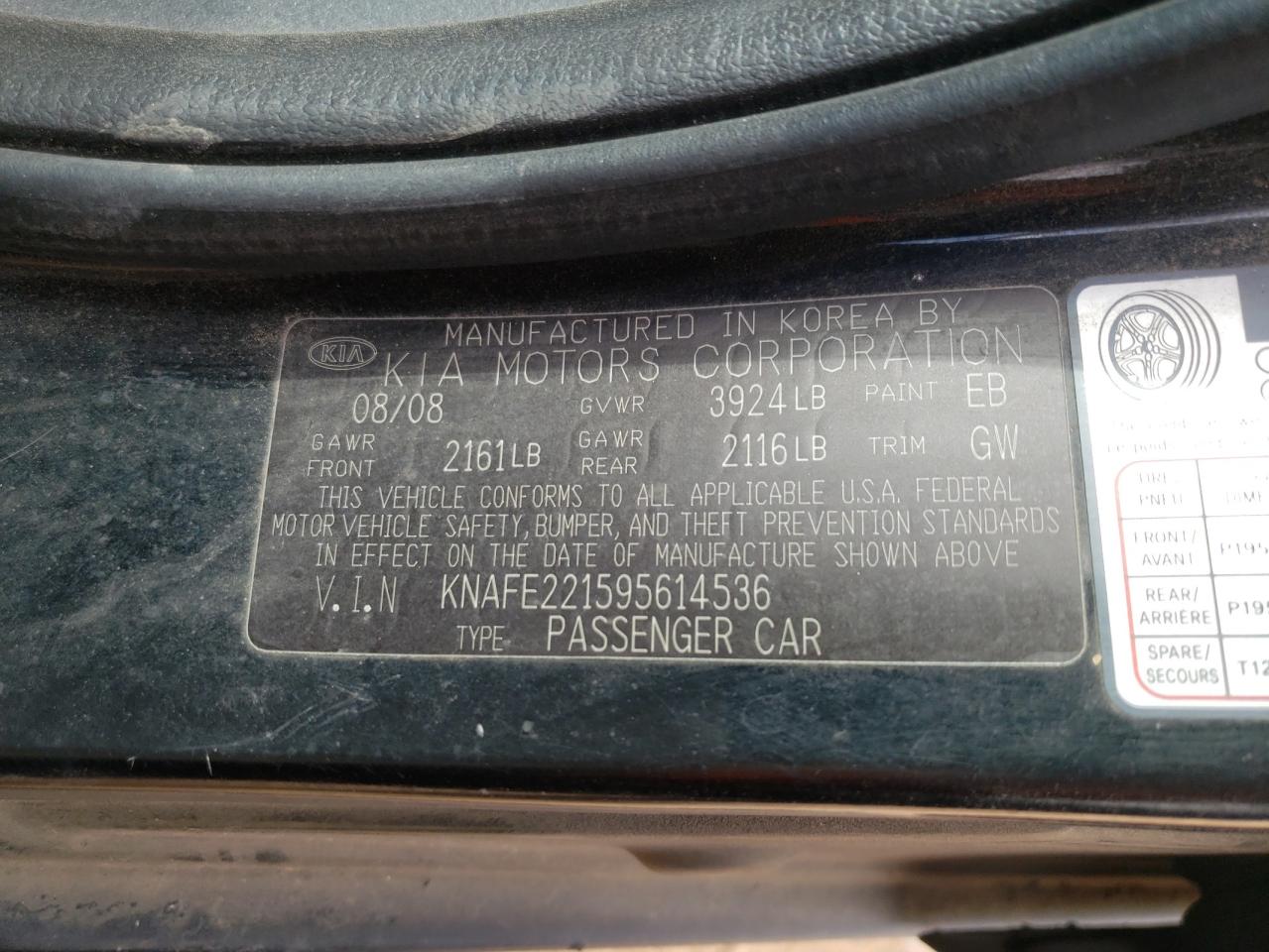 Photo 10 from auction – 2009 KIA SPECTRA EX with VIN KNAFE221595614536