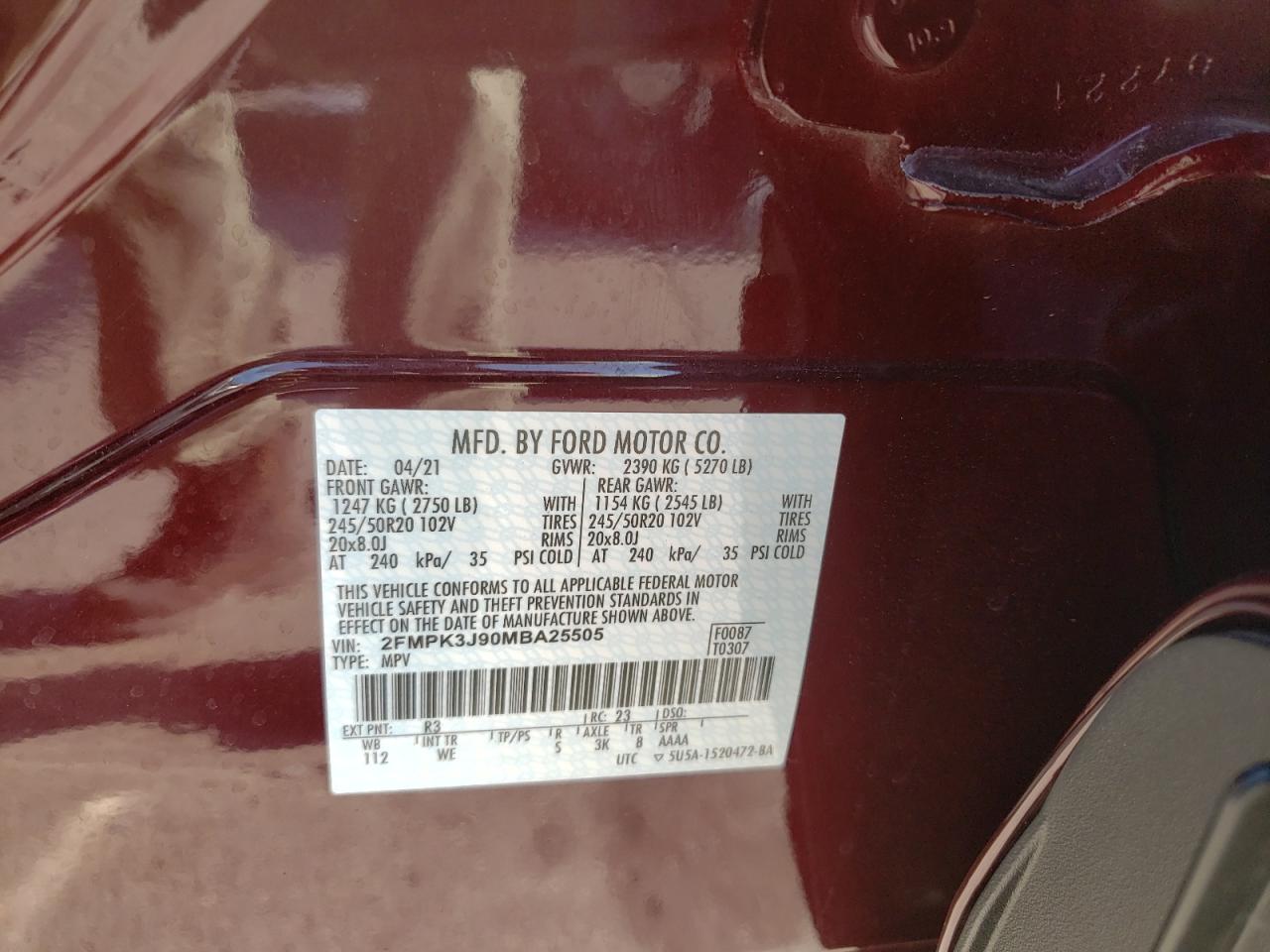 Photo 10 from auction – 2021 FORD EDGE SEL with VIN 2FMPK3J90MBA25505