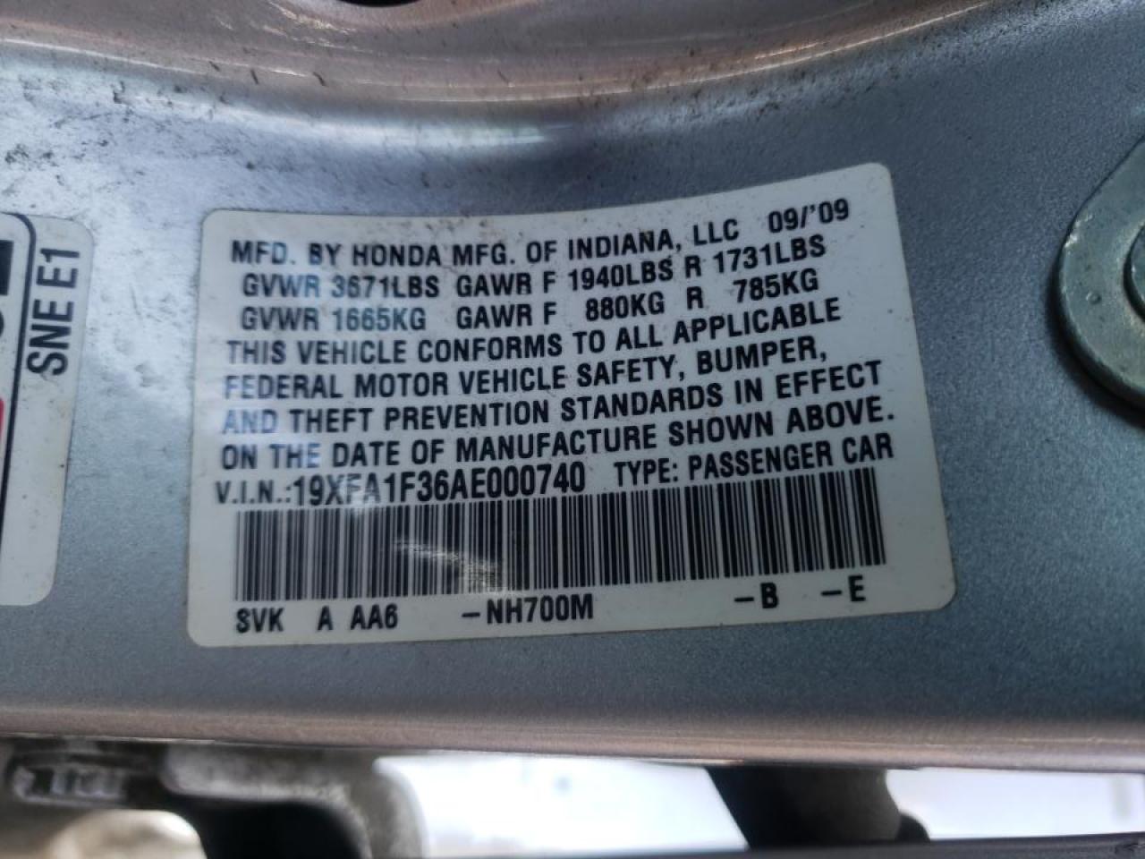 Photo 10 from auction – 2010 HONDA CIVIC VP with VIN 19XFA1F36AE000740