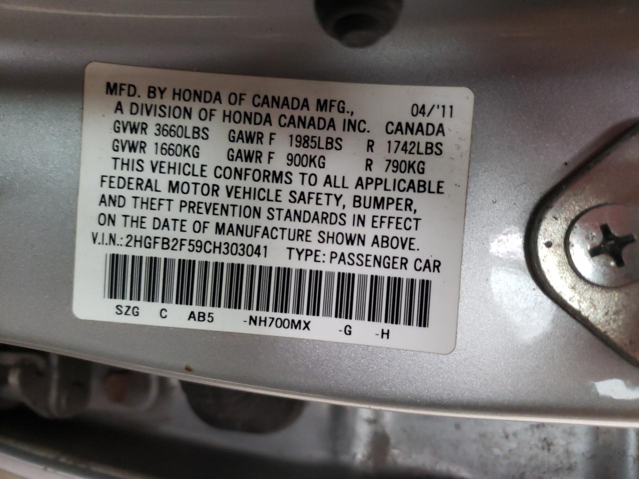 Photo 10 from auction – 2012 HONDA CIVIC LX with VIN 2HGFB2F59CH303041