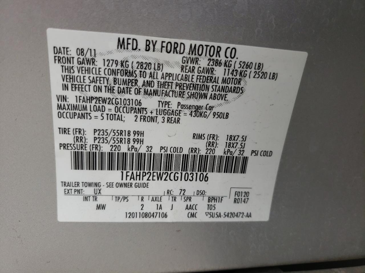 Photo 10 from auction – 2012 FORD TAURUS SEL with VIN 1FAHP2EW2CG103106