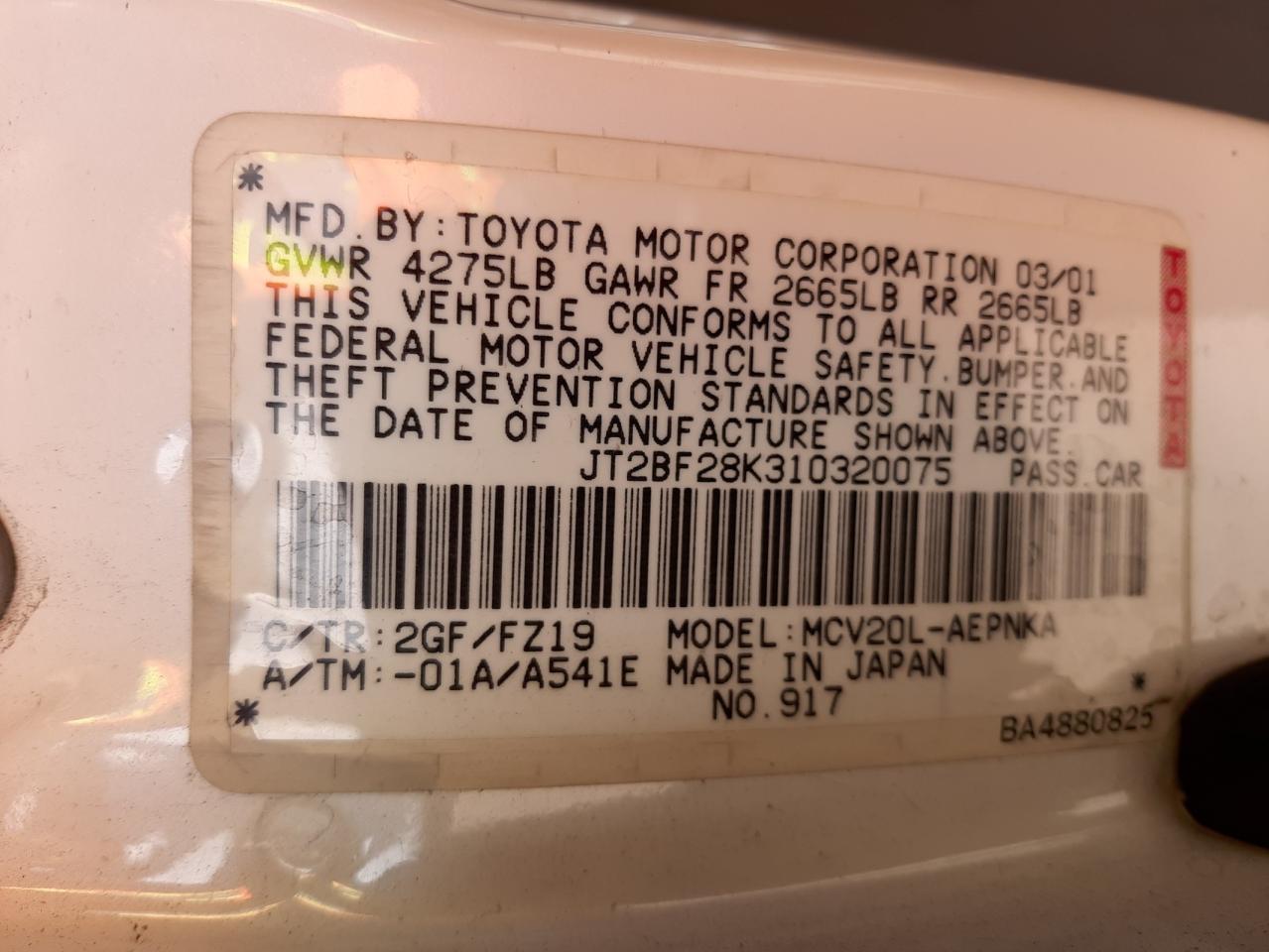Photo 10 from auction – 2001 TOYOTA CAMRY with VIN JT2BF28K310320075