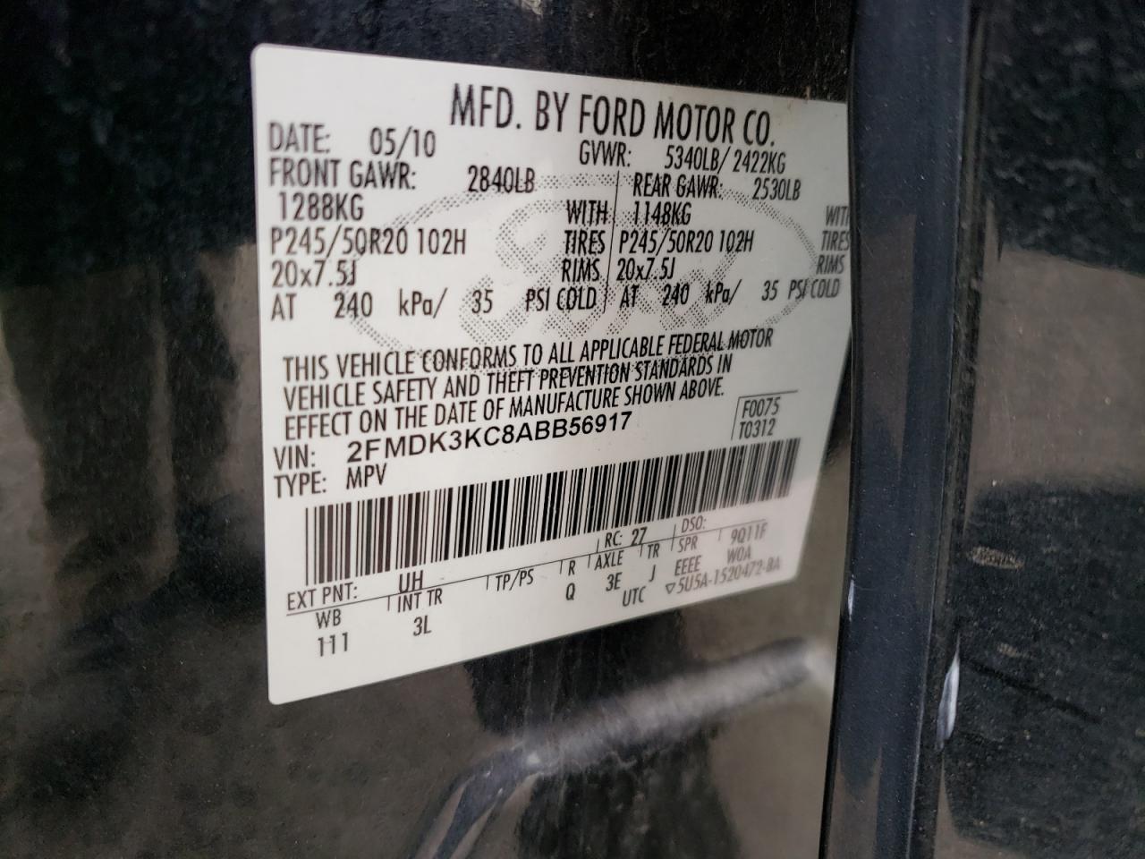 Photo 10 from auction – 2010 FORD EDGE LIMIT with VIN 2FMDK3KC8ABB56917