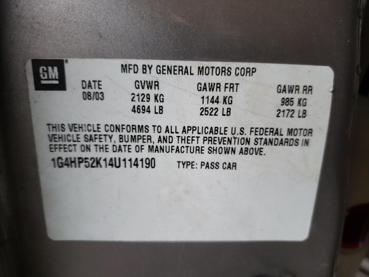 Photo 10 from auction – 2004 BUICK LESABRE CU with VIN 1G4HP52K14U114190