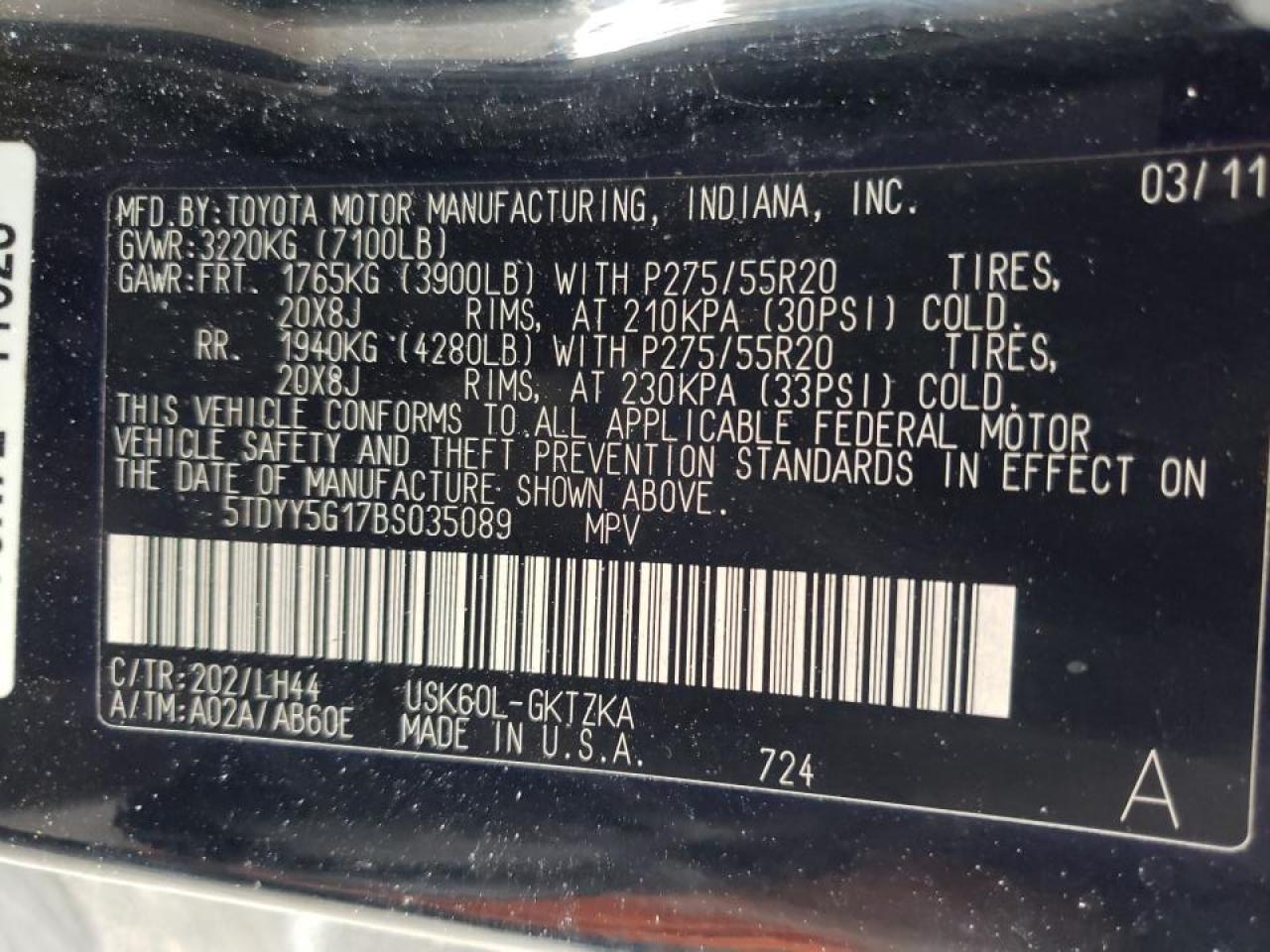 Photo 10 from auction – 2011 TOYOTA SEQUOIA PL with VIN 5TDYY5G17BS035089