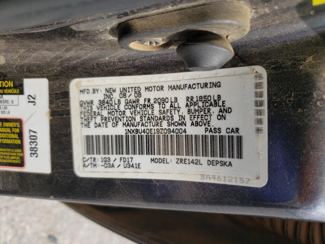 Photo 10 from auction – 2009 TOYOTA COROLLA BA with VIN 1NXBU40E19Z094004