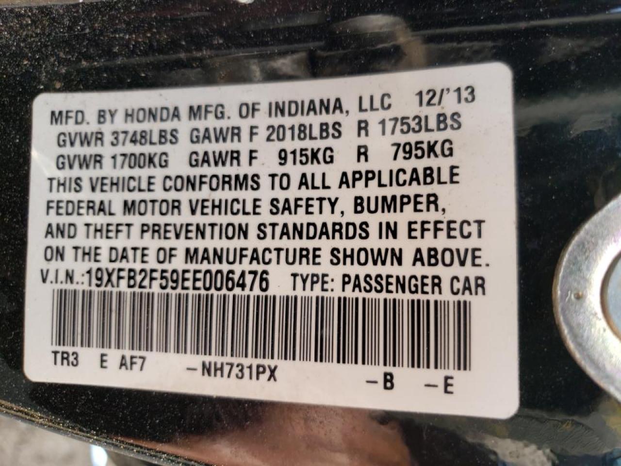 Photo 10 from auction – 2014 HONDA CIVIC LX with VIN 19XFB2F59EE006476