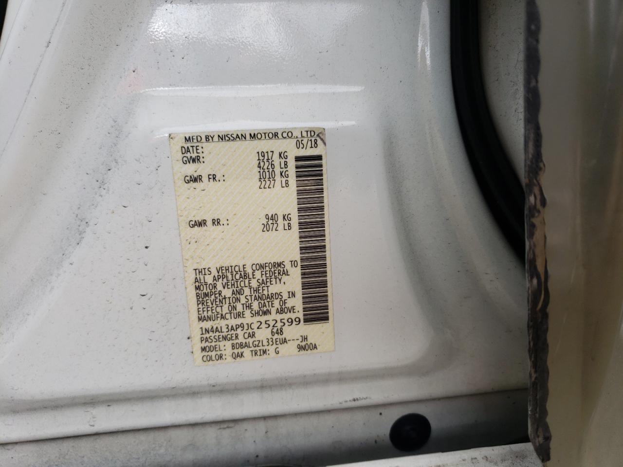 Photo 10 from auction – 2018 NISSAN ALTIMA 2.5 with VIN 1N4AL3AP9JC252599