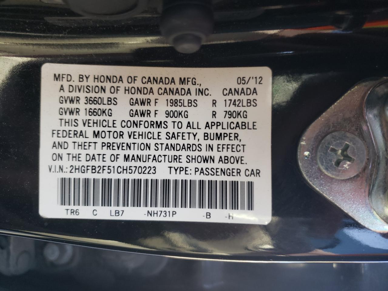 Photo 10 from auction – 2012 HONDA CIVIC with VIN 2HGFB2F51CH570223