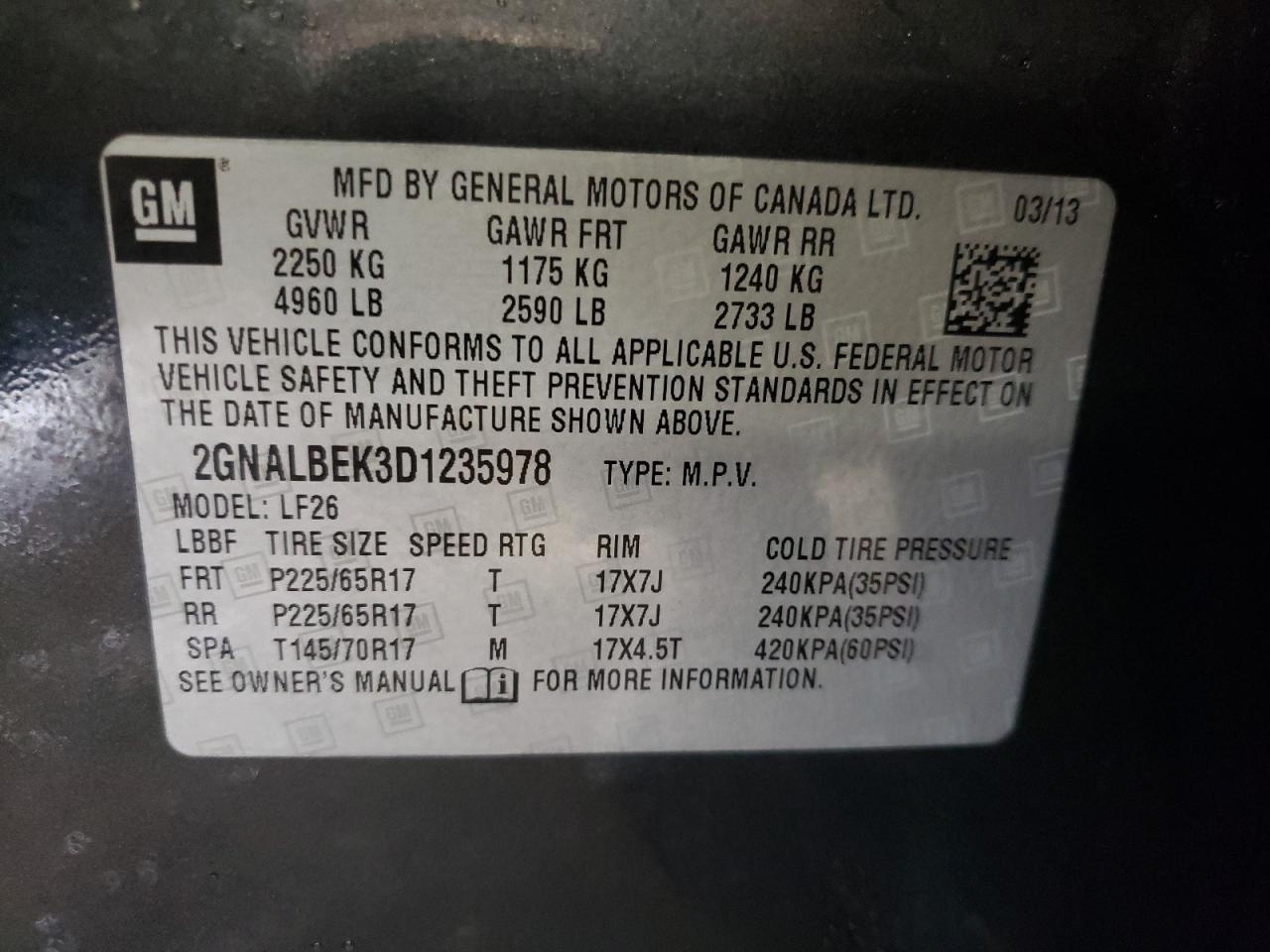 Photo 10 from auction – 2013 CHEVROLET EQUINOX LS with VIN 2GNALBEK3D1235978