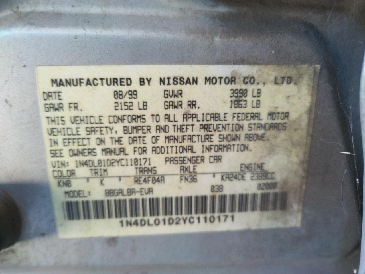 Photo 10 from auction – 2000 NISSAN ALTIMA XE with VIN 1N4DL01D2YC110171