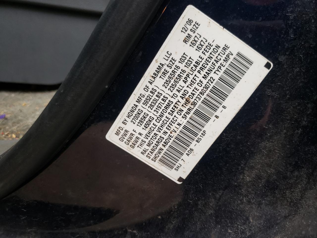 Photo 10 from auction – 2007 HONDA ODYSSEY EX with VIN 5FNRL38737B030722
