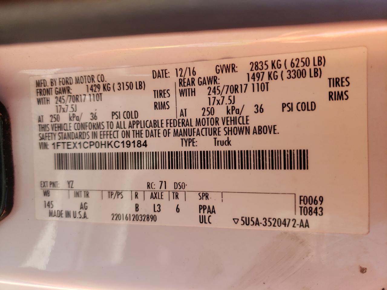 Photo 10 from auction – 2017 FORD F150 SUPER with VIN 1FTEX1CP0HKC19184