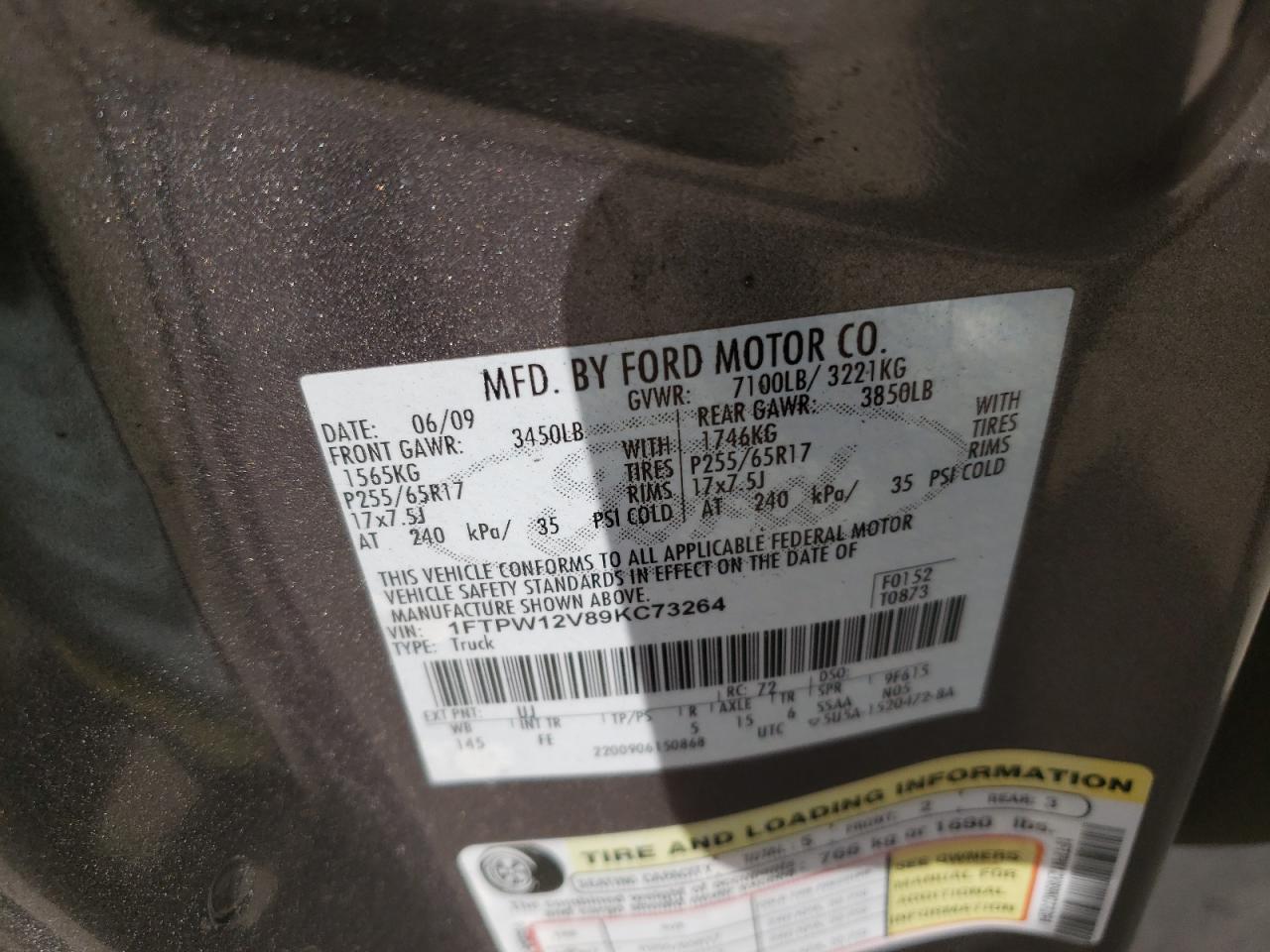 Photo 10 from auction – 2009 FORD F150 SUPER with VIN 1FTPW12V89KC73264