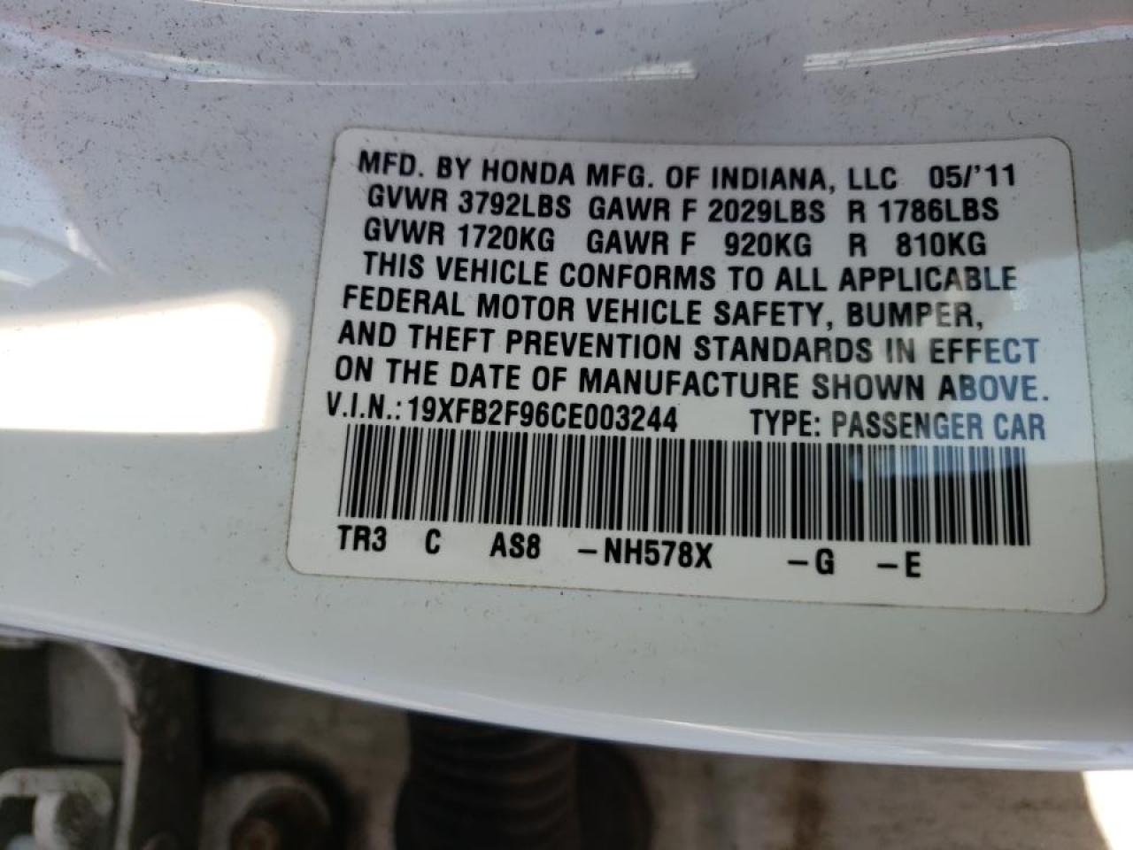 Photo 10 from auction – 2012 HONDA CIVIC EXL with VIN 19XFB2F96CE003244