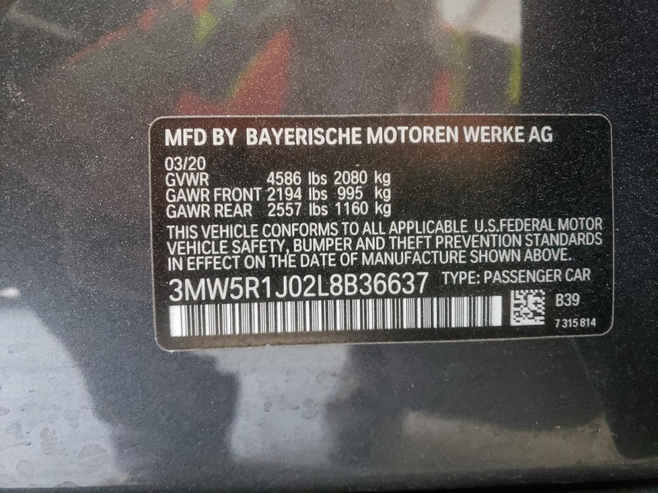 Photo 10 from auction – 2020 BMW 330I with VIN 3MW5R1J02L8B36637