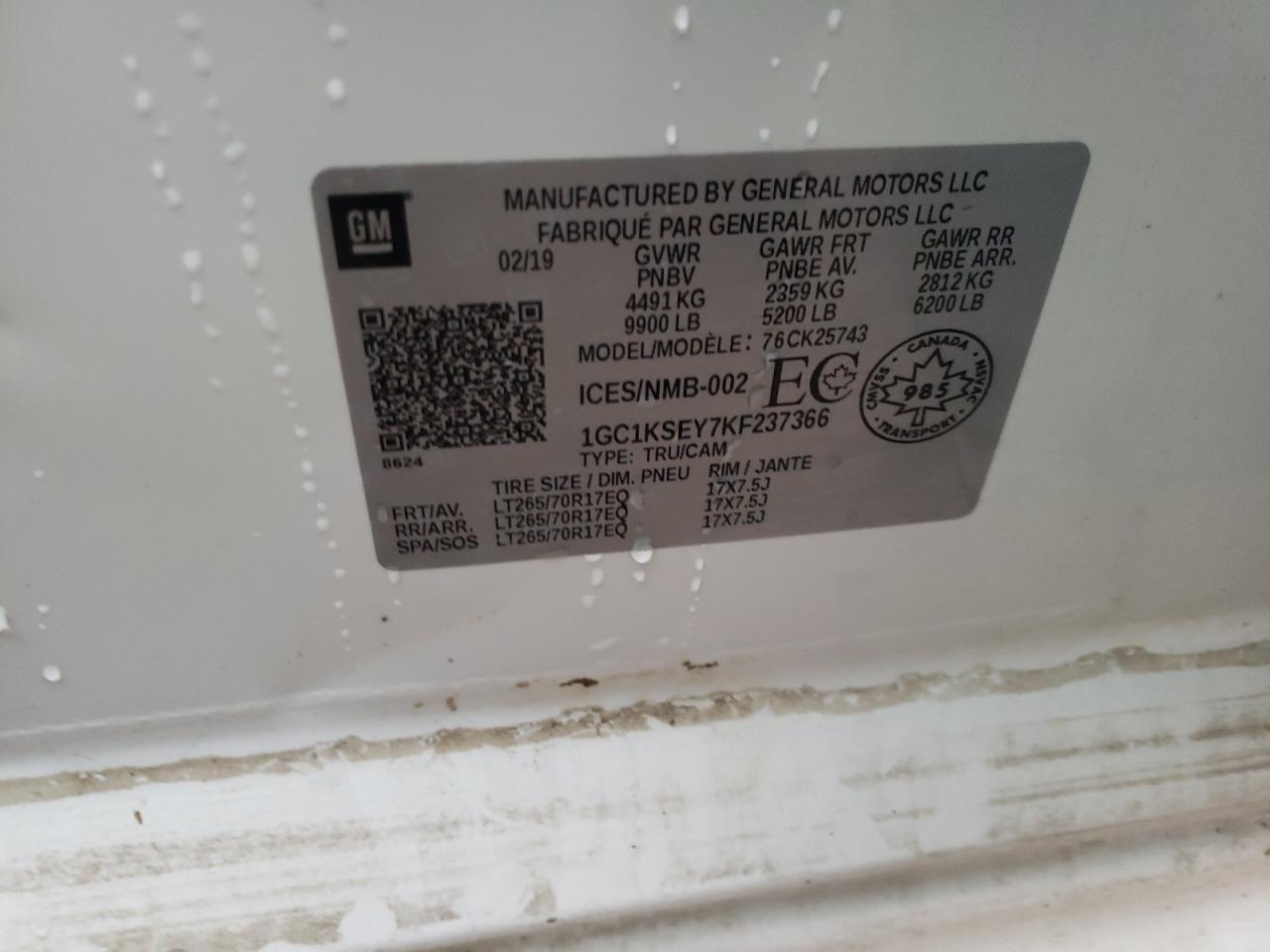 Photo 10 from auction – 2019 CHEVROLET SILVERADO with VIN 1GC1KSEY7KF237366