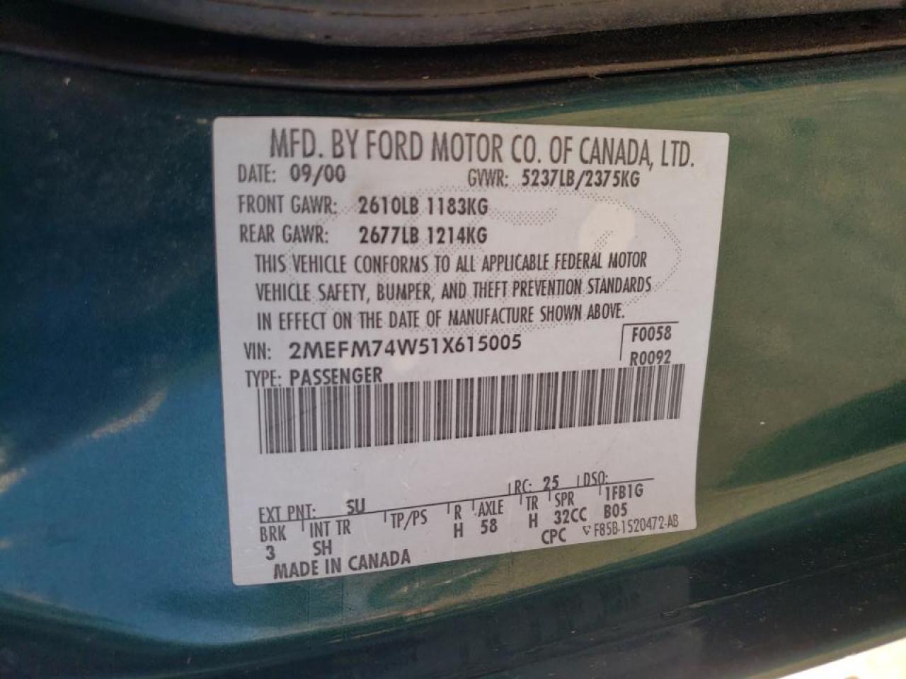 Photo 10 from auction – 2001 MERCURY GRAND MARQ with VIN 2MEFM74W51X615005
