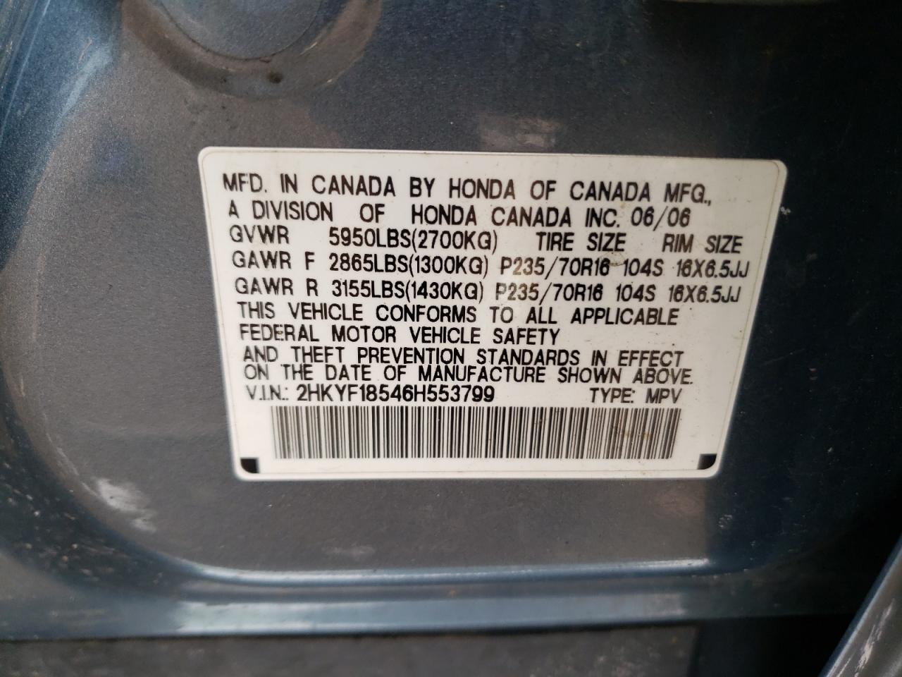Photo 10 from auction – 2006 HONDA PILOT EX with VIN 2HKYF18546H553799