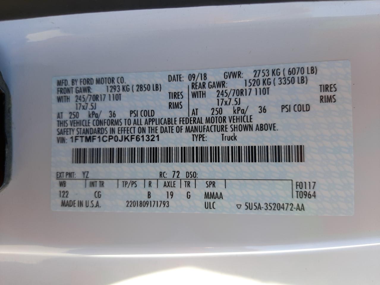 Photo 10 from auction – 2018 FORD F150 with VIN 1FTMF1CP0JKF61321