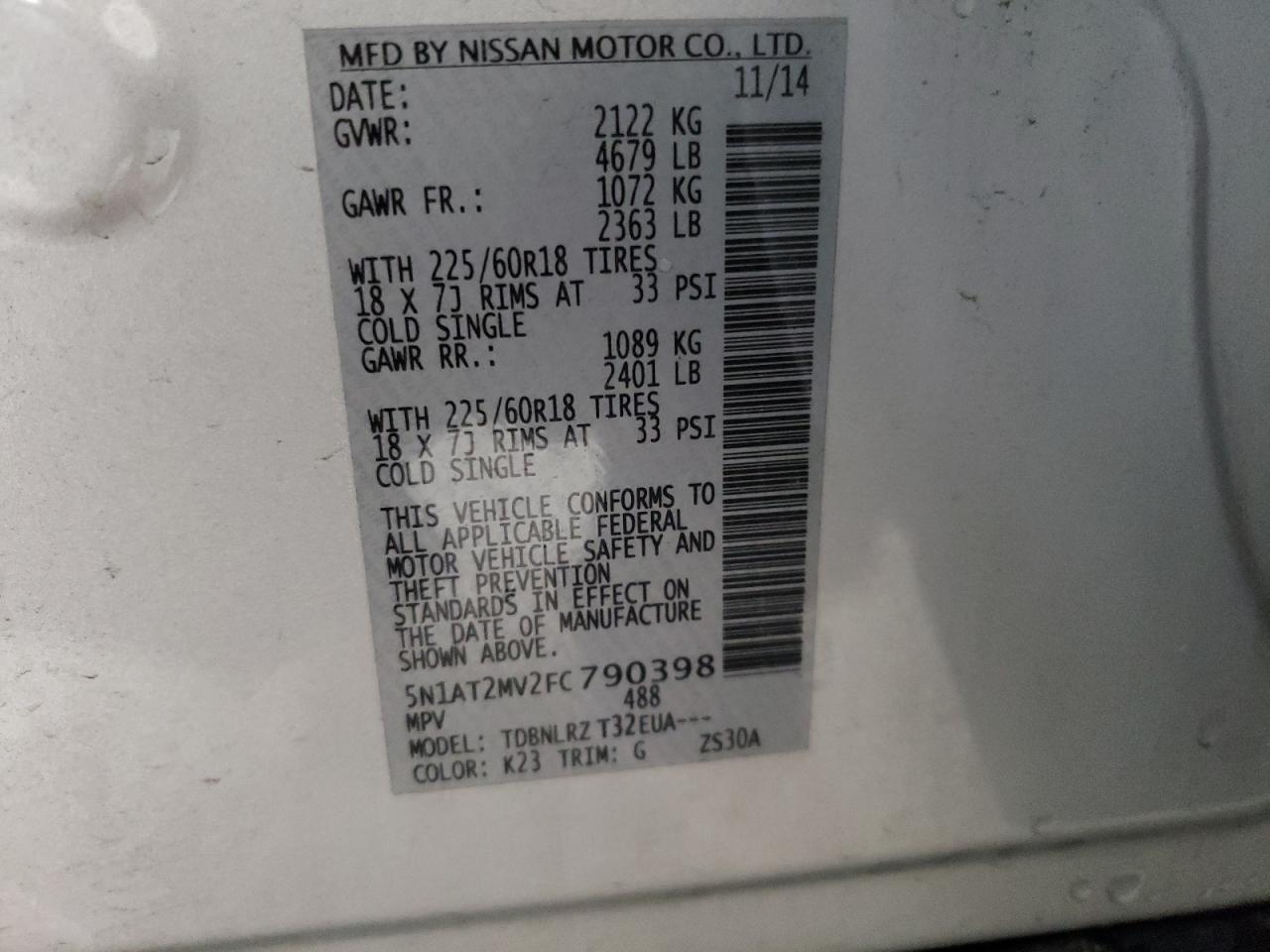Photo 10 from auction – 2015 NISSAN ROGUE S with VIN 5N1AT2MV2FC790398