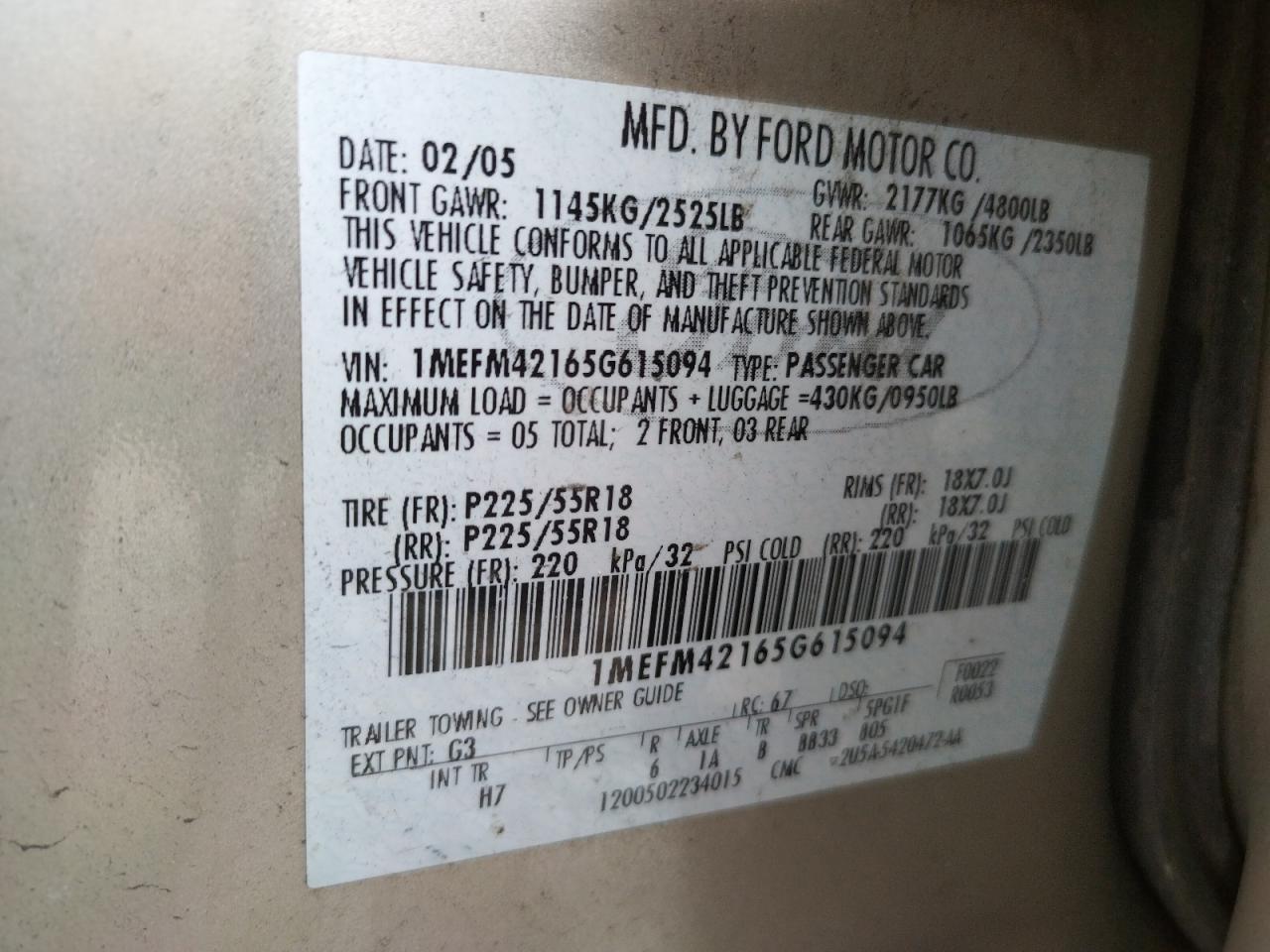 Photo 10 from auction – 2005 MERCURY MONTEGO PR with VIN 1MEFM42165G615094