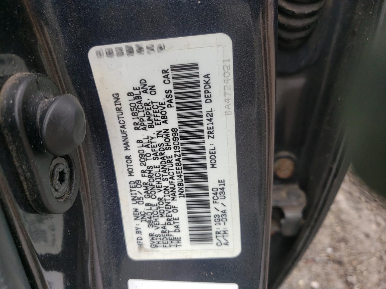 Photo 10 from auction – 2010 TOYOTA COROLLA BA with VIN 1NXBU4EE8AZ190998