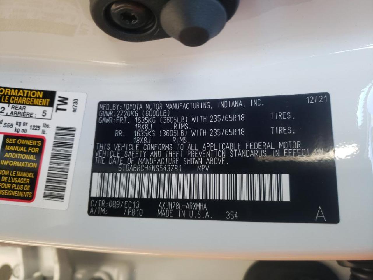Photo 10 from auction – 2022 TOYOTA HIGHLANDER with VIN 5TDABRCH4NS543781
