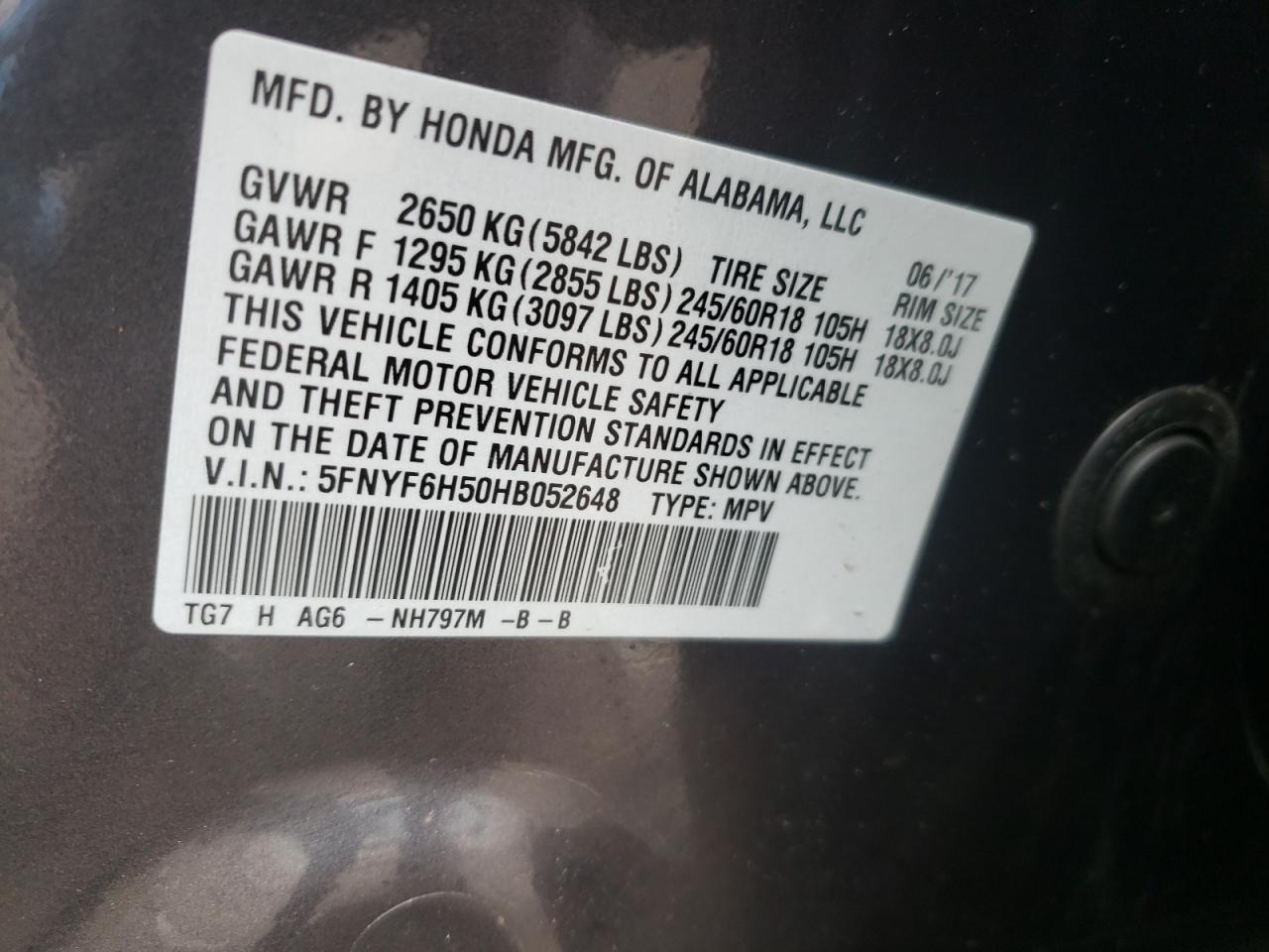Photo 10 from auction – 2017 HONDA PILOT EXL with VIN 5FNYF6H50HB052648