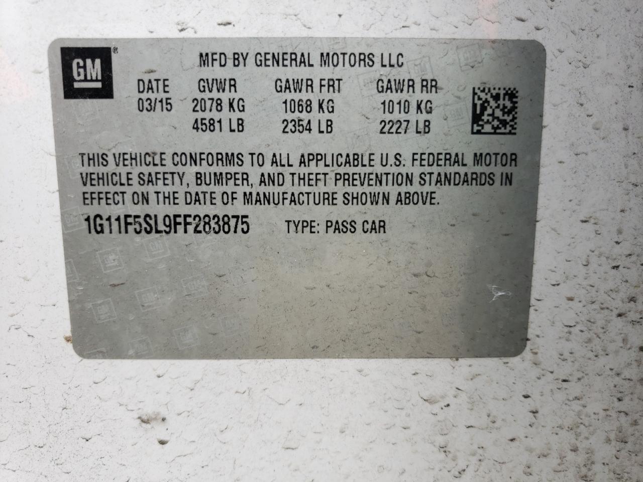 Photo 10 from auction – 2015 CHEVROLET MALIBU LTZ with VIN 1G11F5SL9FF283875