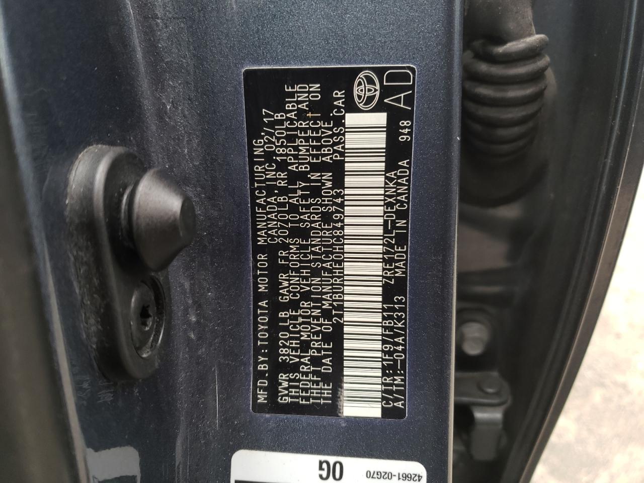 Photo 10 from auction – 2017 TOYOTA COROLLA L with VIN 2T1BURHE0HC849743