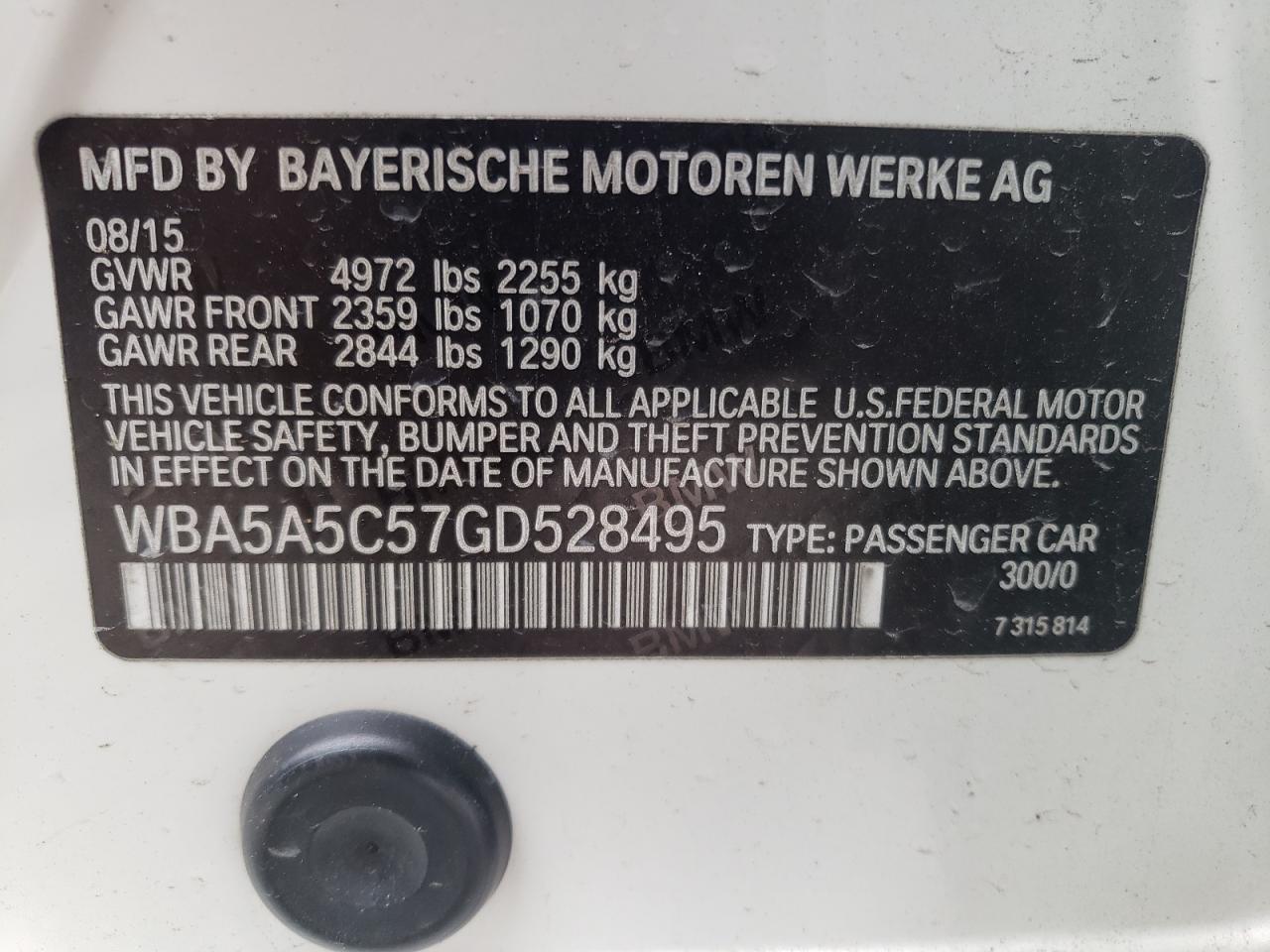 Photo 10 from auction – 2016 BMW 528 I with VIN WBA5A5C57GD528495