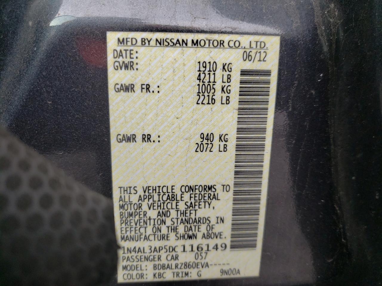 Photo 10 from auction – 2013 NISSAN ALTIMA with VIN 1N4AL3AP5DC116149