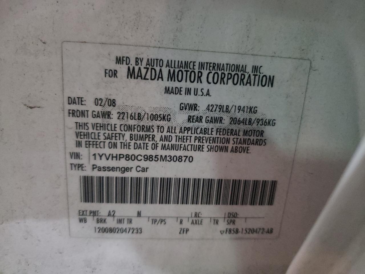 Photo 10 from auction – 2008 MAZDA 6 I with VIN 1YVHP80C985M30870