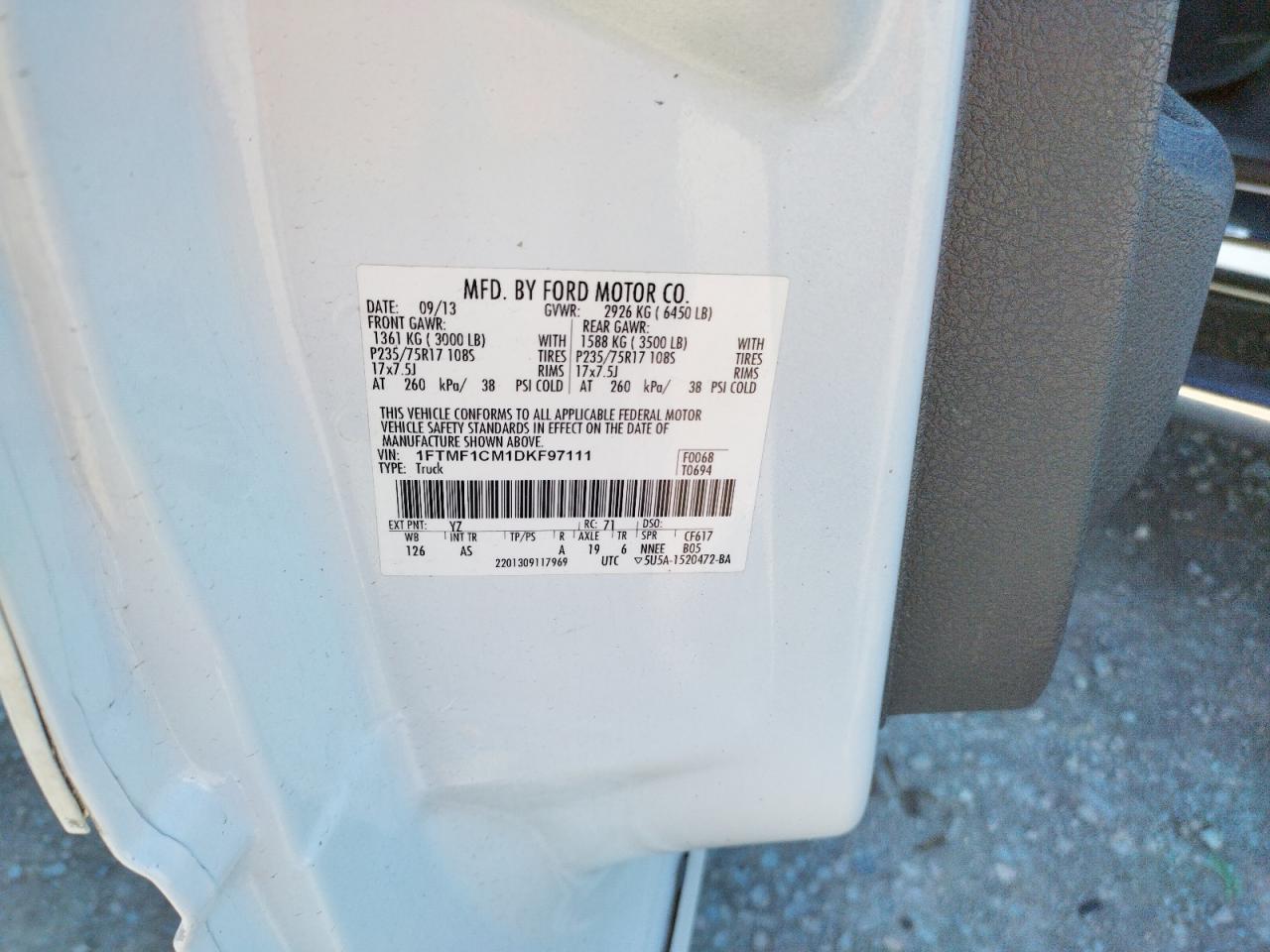 Photo 10 from auction – 2013 FORD F150 with VIN 1FTMF1CM1DKF97111