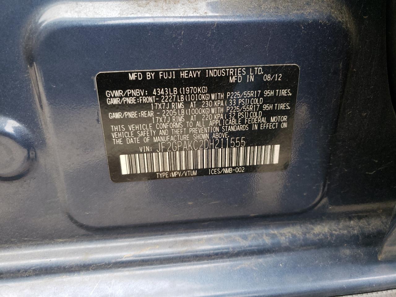 Photo 10 from auction – 2013 SUBARU XV CROSSTR with VIN JF2GPAKC2DH211555